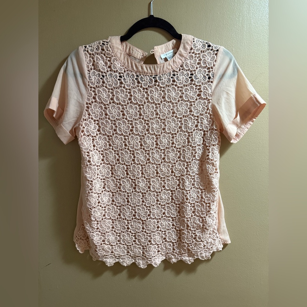Esley Blush Lace Blouse with Scalloped Hem